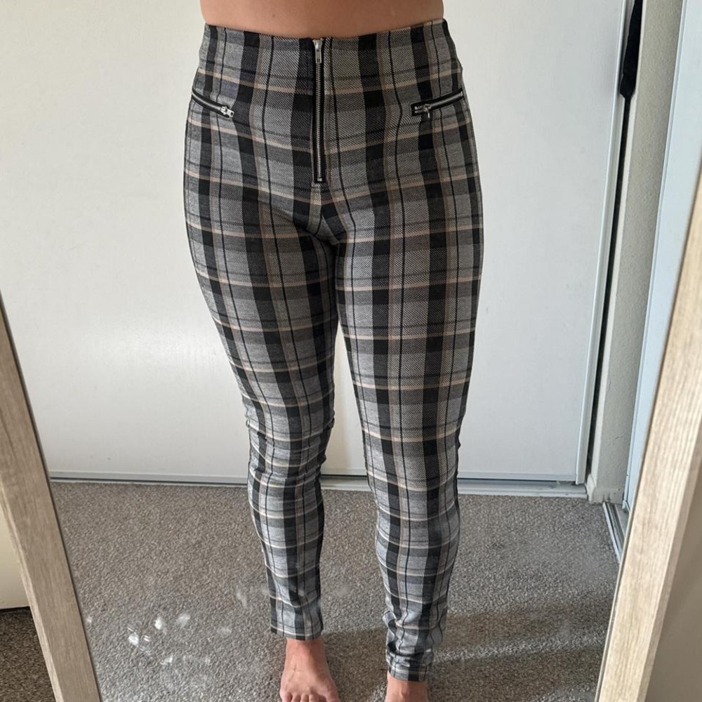 Plaid Zipper Skinny Pants Black Gray